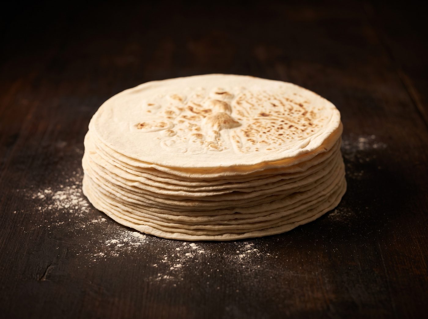 A round stack of köy yufkası on dark wood with spilled flour